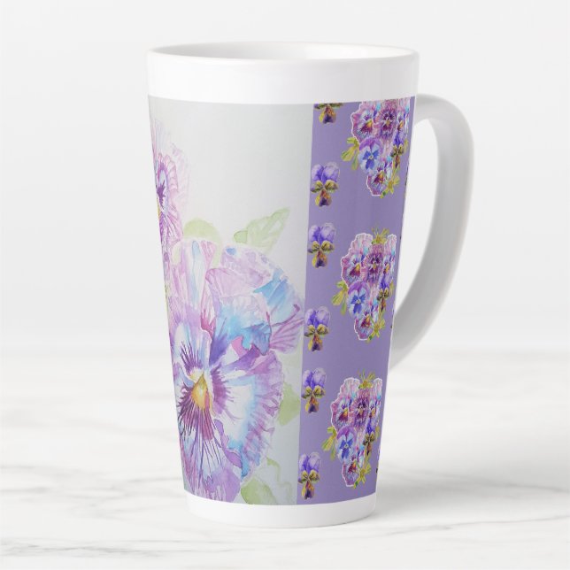 Hand Painted Purple Pansy Pansies Latte Mug (Right Angle)