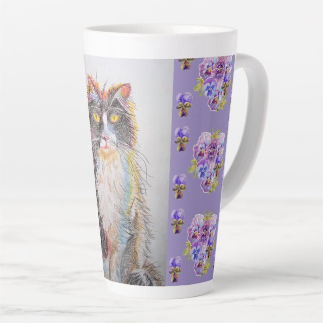 Hand Painted Purple Tuxedo Cat floral Latte Mug (Right Angle)