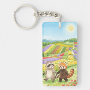 Hand-Painted Raccoon & Red Panda Meadow Key Ring