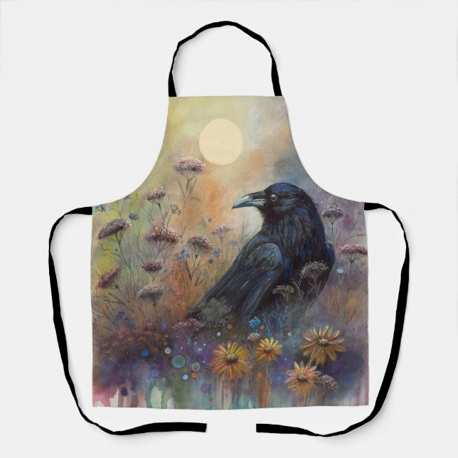 Hand Painted Raven with Wildflowers Apron (Front)
