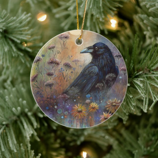Hand Painted Raven with Wildflowers Ceramic Ornament (Tree)