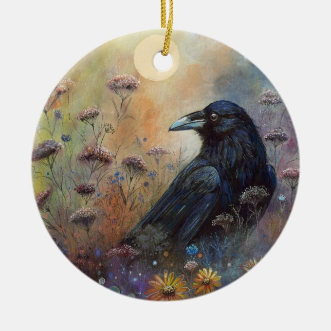Hand Painted Raven with Wildflowers Ceramic Ornament (Front)