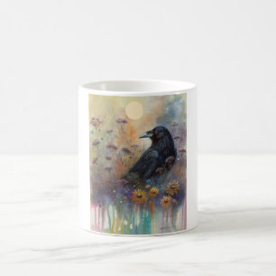 Hand Painted Raven with Wildflowers Coffee Mug