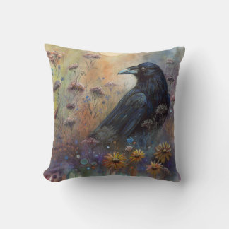 Hand Painted Raven with Wildflowers Cushion