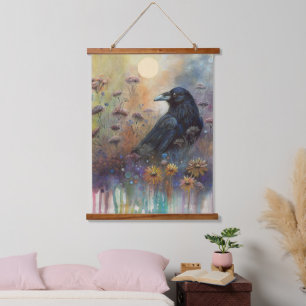 Hand Painted Raven with Wildflowers Hanging Tapestry