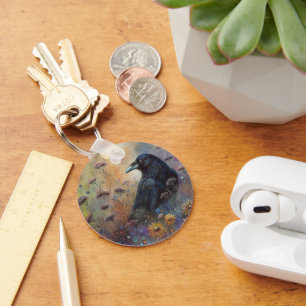 Hand Painted Raven with Wildflowers Key Ring