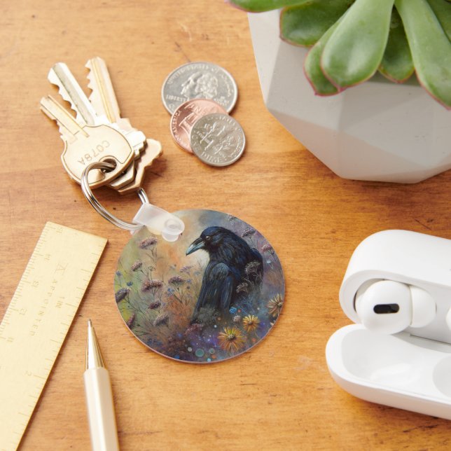 Hand Painted Raven with Wildflowers Key Ring (Desk)