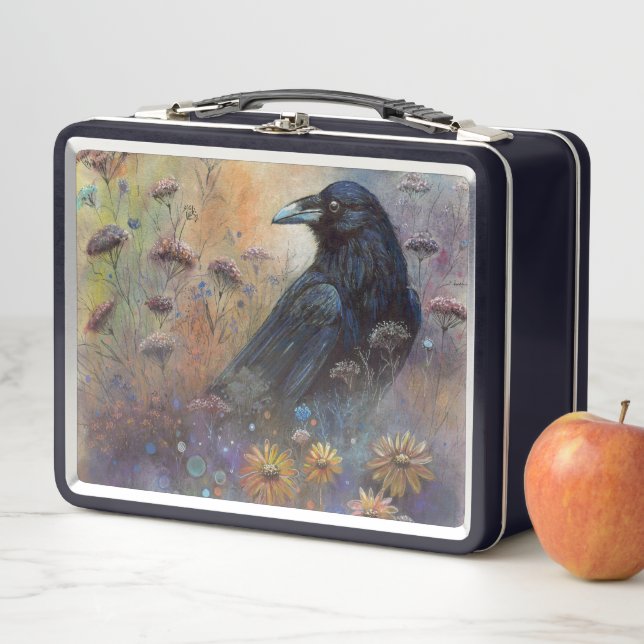 Hand Painted Raven with Wildflowers Metal Lunch Box (In Situ)