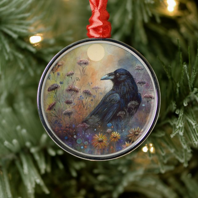 Hand Painted Raven with Wildflowers Metal Ornament (Tree)