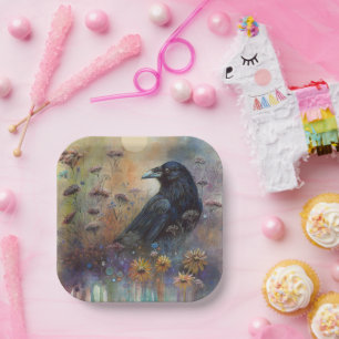 Hand Painted Raven with Wildflowers Paper Plate