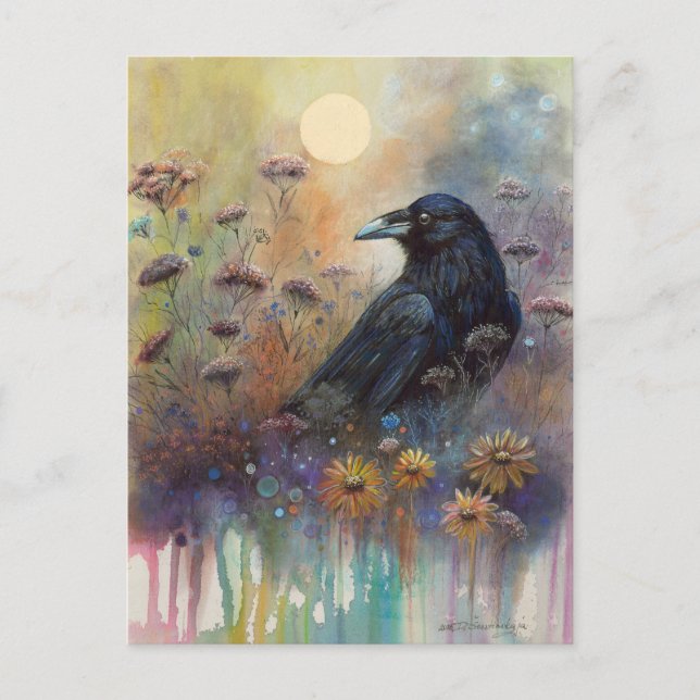 Hand Painted Raven with Wildflowers Postcard (Front)