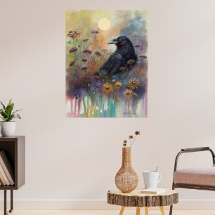 Hand Painted Raven with Wildflowers Poster