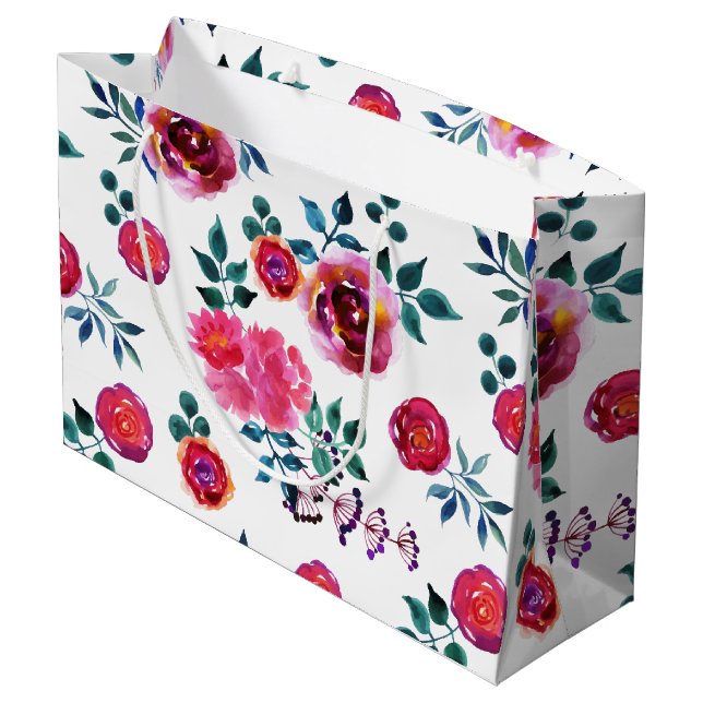 Hand-painted red and pink roses pattern large gift bag (Back Angled)