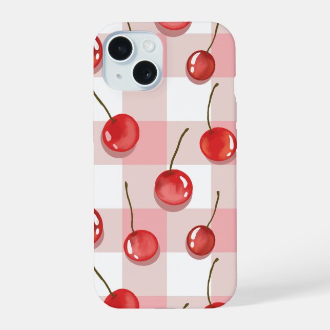 Hand-Painted Red Cherries Seamless Pattern iPhone 15 Case (Back)