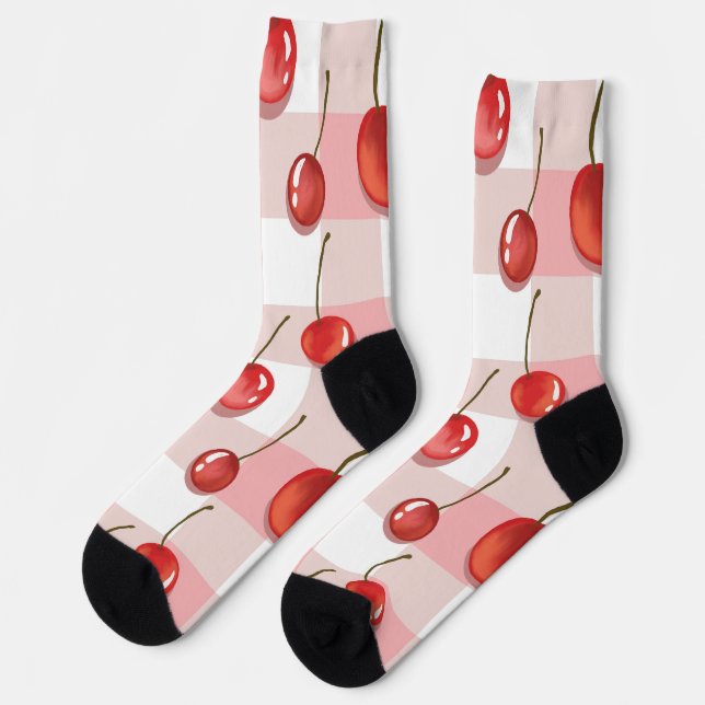 Hand-Painted Red Cherries Seamless Pattern Socks (Left)