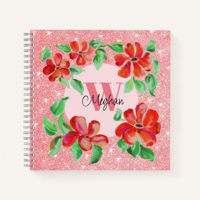 Hand-painted Red Flowers Blush Pink Glitter  Notebook (Front)