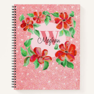 Hand-painted Red Flowers Monogram Pink Glitter Notebook
