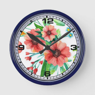 Hand Painted Red Flowers Pattern Round Clock