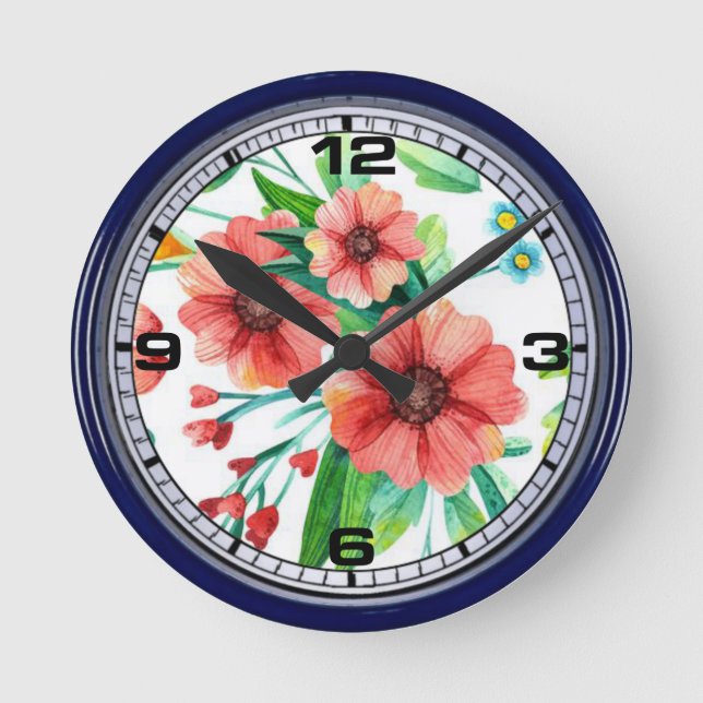 Hand Painted Red Flowers Pattern Round Clock (Front)
