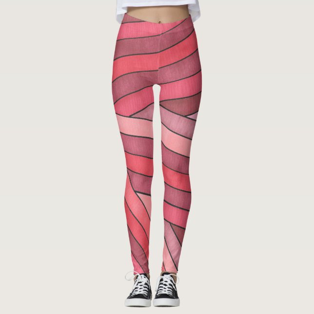 Hand Painted Red Geometric Stripe Design Leggings (Front)