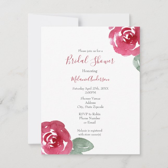 Hand Painted Red Pink Watercolor Rose Invitation (Front)