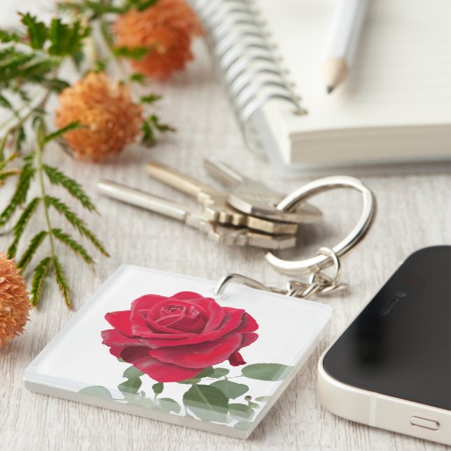 Hand Painted Red Rose Botanical  Key Ring (Front Right)
