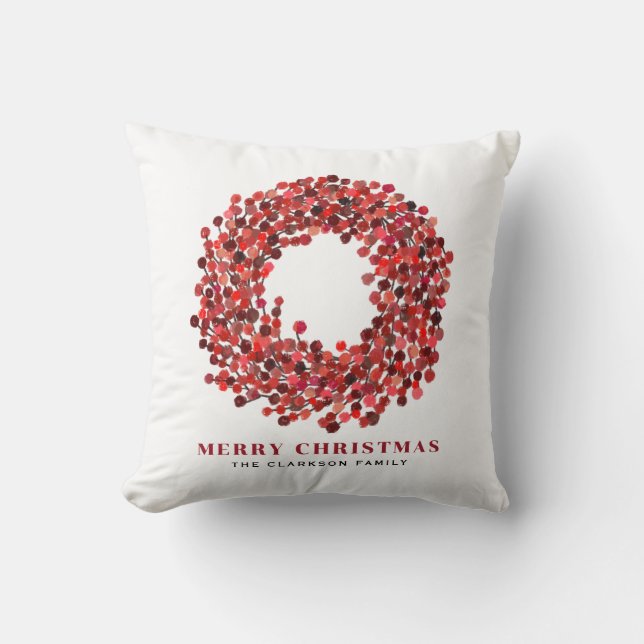 Hand Painted Red Winterberry Wreath Christmas Cushion (Front)