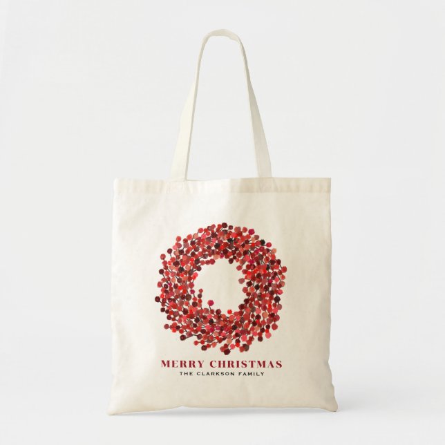 Hand Painted Red Winterberry Wreath Christmas Tote Bag (Front)