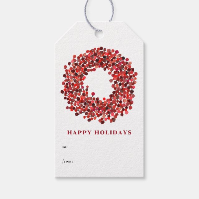Hand Painted Red Winterberry Wreath Custom Holiday Gift Tags (Front)