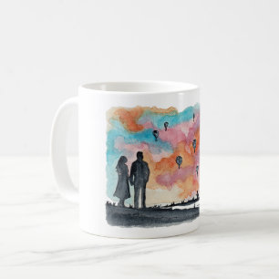 Hand Painted Romantic Couple Balloons Watercolor Coffee Mug