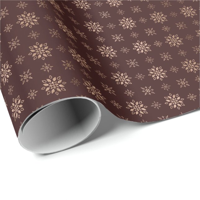 Hand Painted Rose Gold Snowflakes Chocolate Brown Wrapping Paper (Roll Corner)