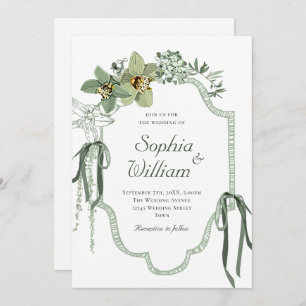 Hand Painted Sage Green Orchids Wedding Invitation
