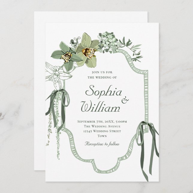 Hand Painted Sage Green Orchids Wedding Invitation (Front/Back)