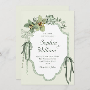 Hand Painted Sage Green Orchids Wedding Invitation