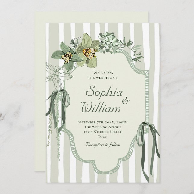 Hand Painted Sage Green Orchids Wedding Invitation (Front/Back)
