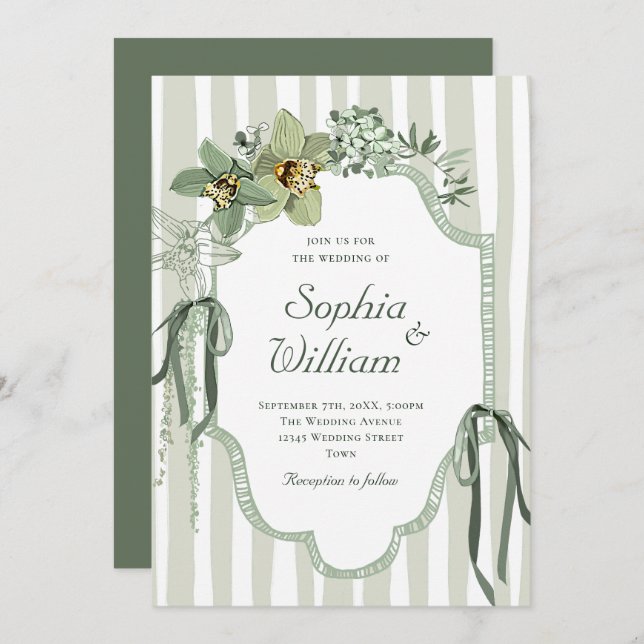 Hand Painted Sage Green Orchids Wedding Invitation (Front/Back)