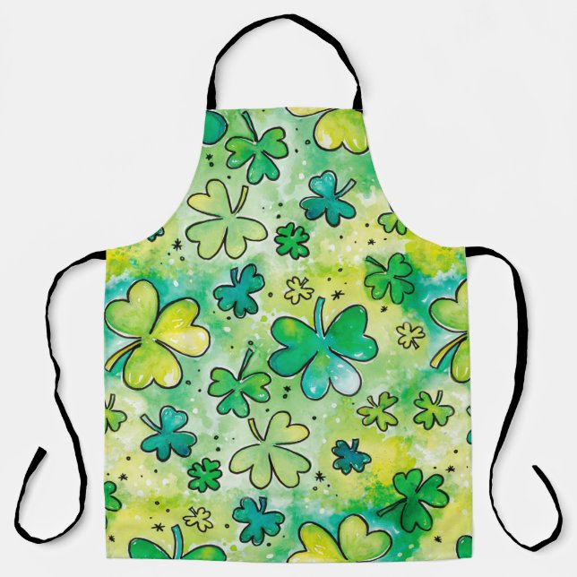 Hand-painted shamrock pattern featuring water colo apron (Front)
