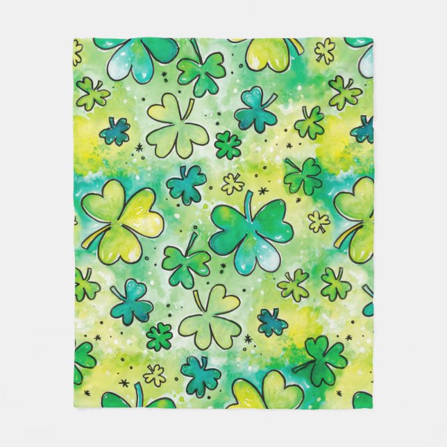 Hand-painted shamrock pattern featuring water colo fleece blanket (Front)