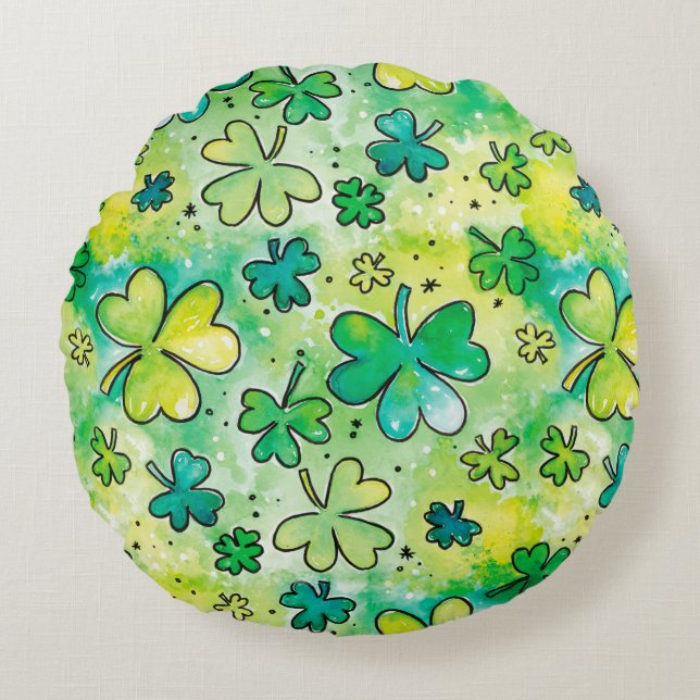 Hand-painted shamrock pattern featuring water colo round cushion (Front)
