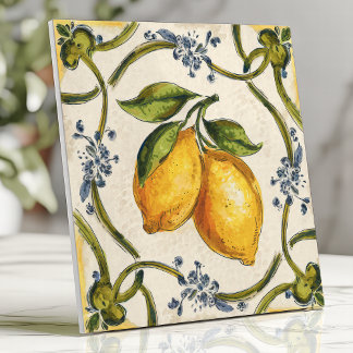 Hand-Painted Sicilian Lemons and Floral Vine Ceramic Tile