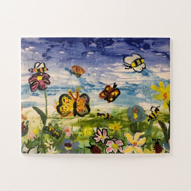 Hand Painted  SPRING Blues Children's Art Jigsaw Puzzle (Horizontal)