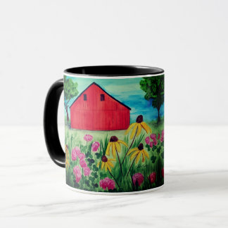 Hand painted spring floral country barn design  mug
