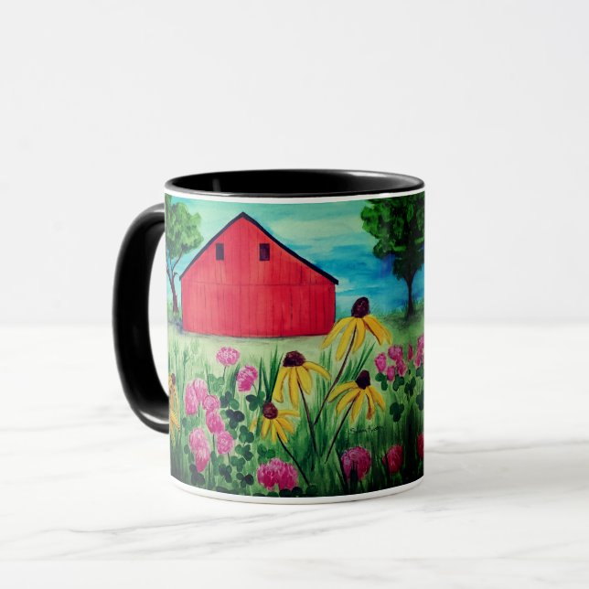 Hand painted spring floral country barn design  mug (Front Left)