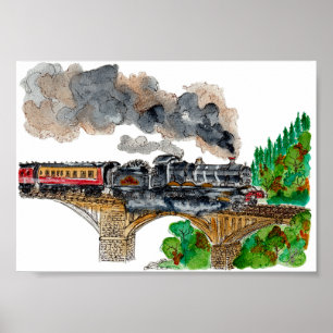 Hand Painted Steam Train Locomotive Watercolor Poster