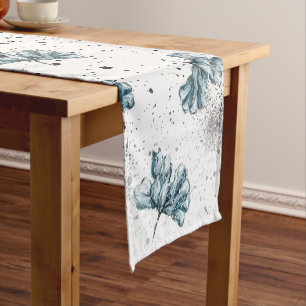 Hand painted steel blue Floral Short Table Runner