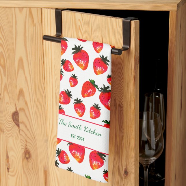 Hand-Painted Strawberry Personalised Boho Spring Tea Towel (Thirds Fold)