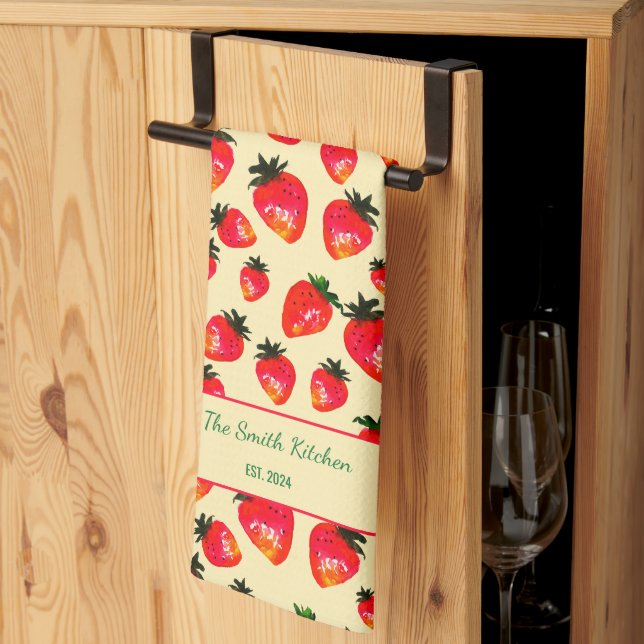 Hand-Painted Strawberry Personalised Boho Yellow Tea Towel (Thirds Fold)