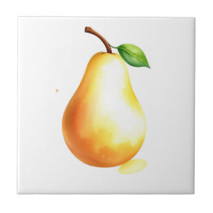 Hand Painted Style Watercolor Pear on Simple White Ceramic Tile
