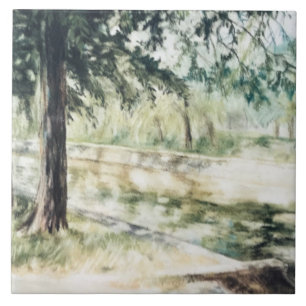 Hand painted summer landscape green trees river ceramic tile