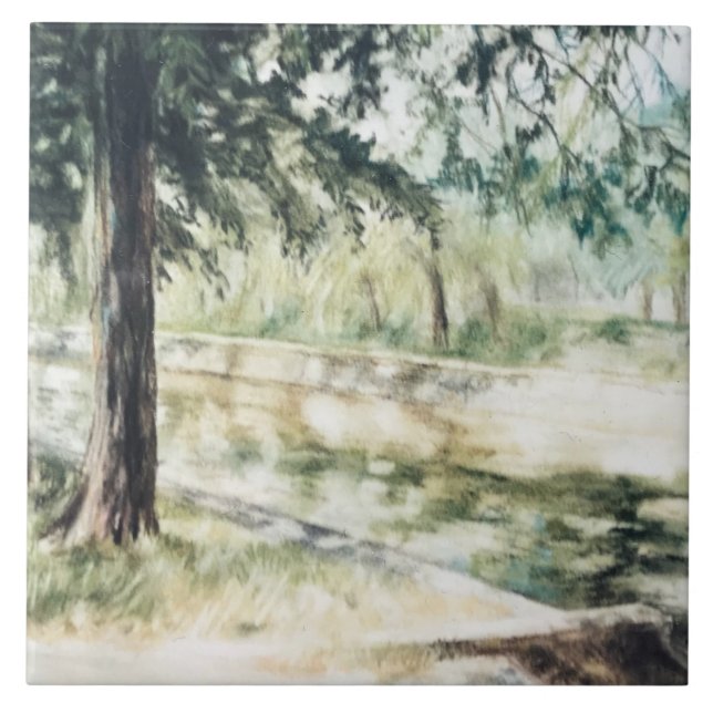 Hand painted summer landscape green trees river  ceramic tile (Front)
